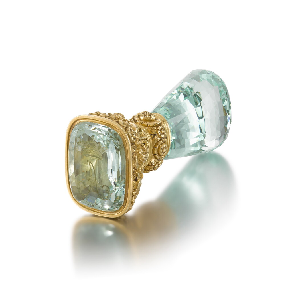 View full screen - View 1 of Lot 43. A gold-mounted aquamarine desk seal, Hunt & Roskell, London, circa 1845.