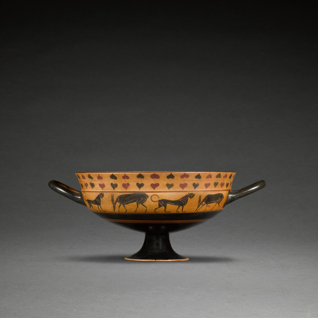 View full screen - View 1 of Lot 106. An Attic Black-figured Siana Cup, attributed to the Taras Painter, the tondo perhaps by the Malibu painter, circa 560-550 B.C..