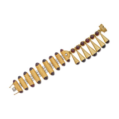 View full screen - View 1 of Lot 82. Gold, Garnet and Diamond Bracelet.