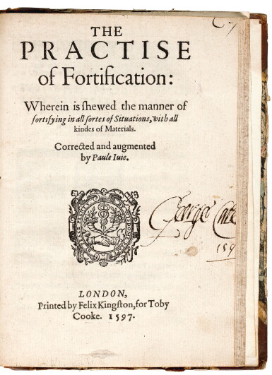 View full screen - View 1 of Lot 376. T.P., Knowledge and conducte of warres, 1578; bound with Ive, Practise of fortification, 1597, 2 vol. in one.