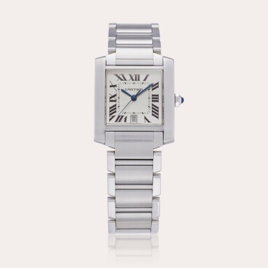 View full screen - View 1 of Lot 414. Reference 2302 Tank Française | A stainless steel rectangular automatic wristwatch with date and bracelet, Circa 2000.