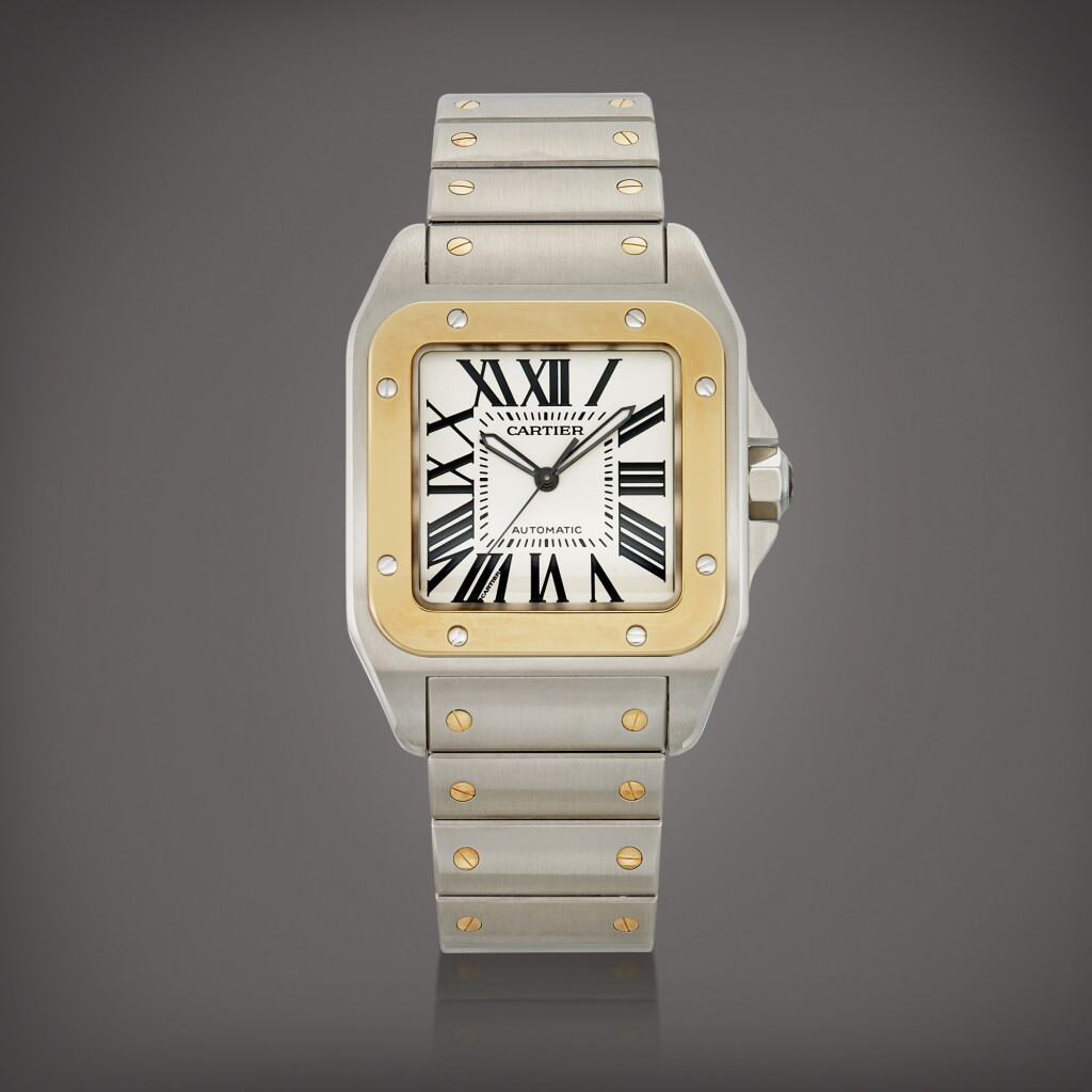 View full screen - View 1 of Lot 8791. Santos 100, Reference 2656 | A yellow gold and stainless steel wristwatch with bracelet, Circa 2006 | 卡地亞 | Santos 100 型號2656 | 黃金精鋼鏈帶腕錶,約2006年製.