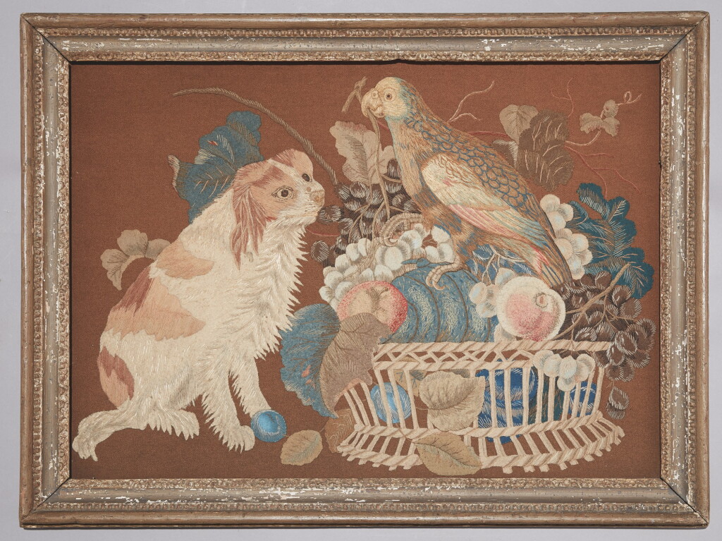 View full screen - View 1 of Lot 71. A FELT AND EMBROIDERY PANEL DEPICTING A DOG AND A PARROT, 19TH CENTURY.