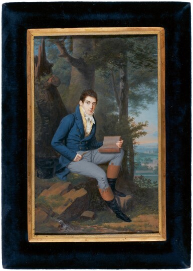 View full screen - View 1 of Lot 368. Portrait of a gentleman, seated in a woodland landscape, holding a sketchbook in his left hand, circa 1805.