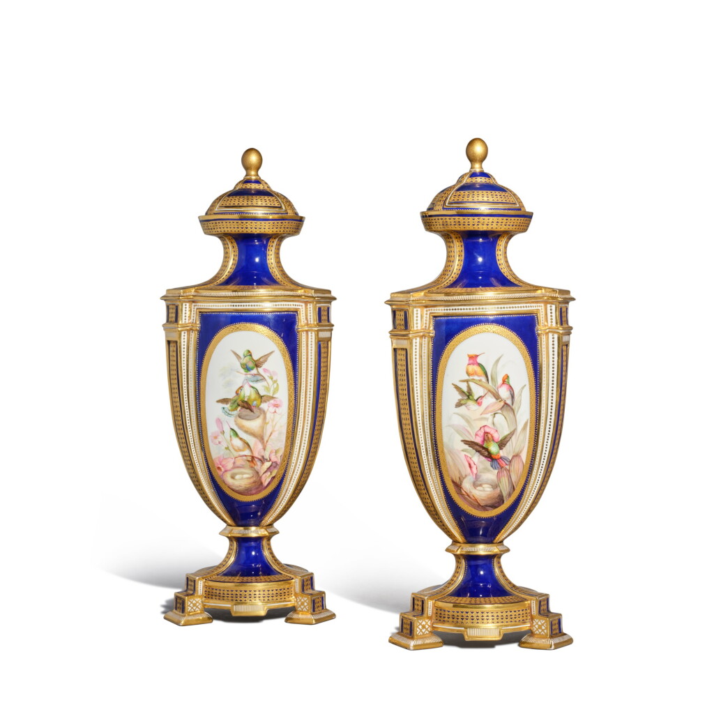 View full screen - View 1 of Lot 482. A Pair of Coalport Blue-Ground Vases and Covers, Circa 1870.