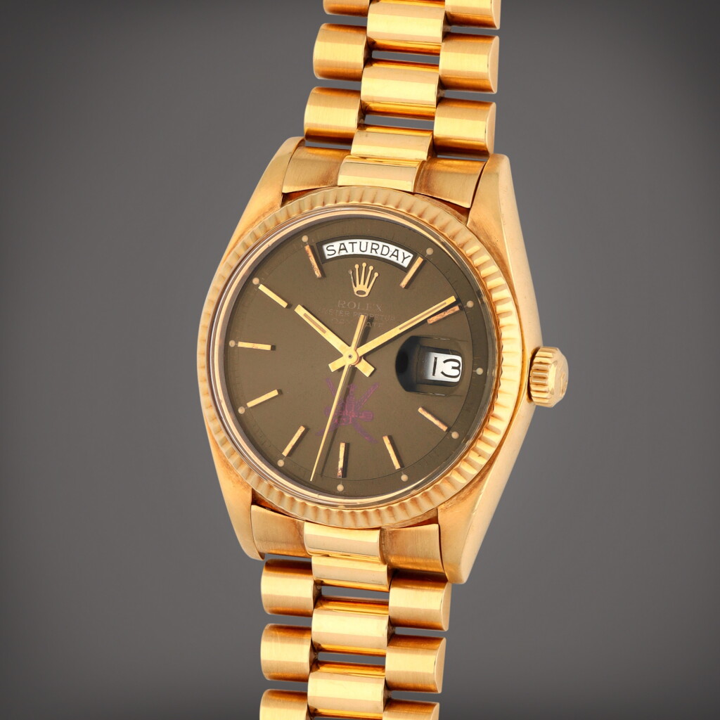 View full screen - View 1 of Lot 19. Day-Date 'Khanjar', Reference 1803 | A yellow gold wristwatch with day, date and bracelet | Circa 1974.
