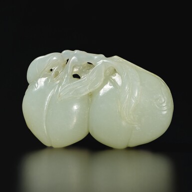 View full screen - View 1 of Lot 178. A pale green jade 'peach' group, Qing dynasty, Qianlong period | 清乾隆 青玉雕壽桃把件.