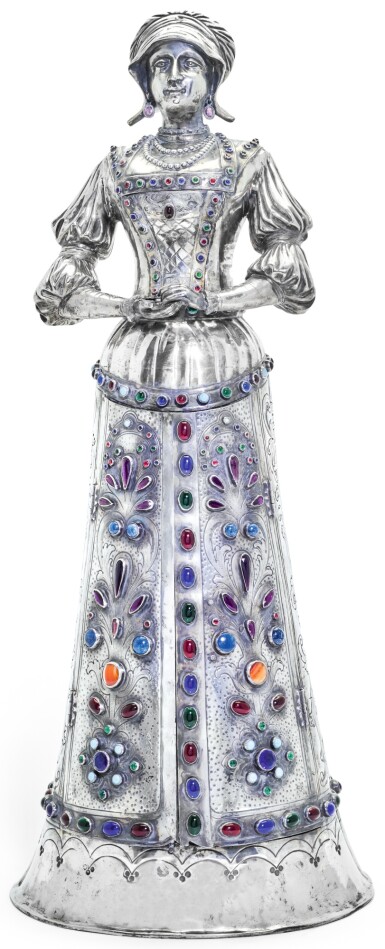 View full screen - View 1 of Lot 26. A GERMAN SILVER AND GEM SET FIGURAL JEWEL CABINET, PSEUDO MARKS, HANAU, CIRCA 1890.