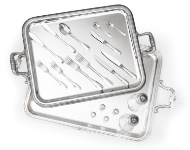 View full screen - View 1 of Lot 1052. A group of two trays monogrammed KL and part of a household set, Christofle, 20th century | Groupe formé de deux plateaux chiffrés KL et d'une partie de ménagère, Christofle, XXe siècle.