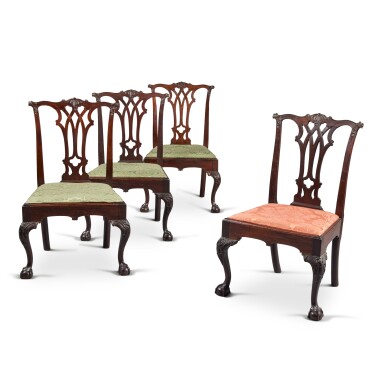 View full screen - View 1 of Lot 464. Very Fine and Rare Set of Four Chippendale Carved Mahogany Side Chairs, Possibly the workshop of Thomas Tufft (c. 1740-1788), Carving possibly by John Pollard (1740-1787), Philadelphia, Pennsylvania, Circa 1775.