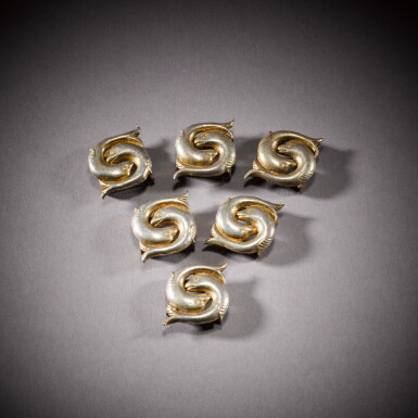 View full screen - View 1 of Lot 17. Six Mughal silver-gilt bridle ornaments, North India, Delhi or Agra, 17th century.