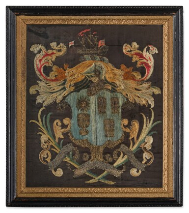 View full screen - View 1 of Lot 886. The Russell Family Embroidered Silk Coat of Arms, Salem, Massachusetts, circa 1760-1780.