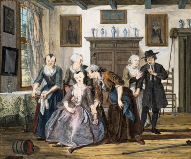 View full screen - View 1 of Lot 48. Scene from Thomas Asselyn’s Farce, 'Jan Claasz., or the Supposed Servant Girl' (Act III, scene VI).