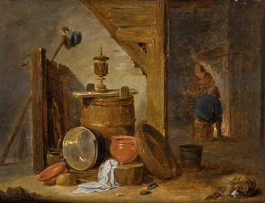 View full screen - View 1 of Lot 136. DAVID TENIERS THE YOUNGER | A BARN INTERIOR WITH A STILL LIFE OF KITCHEN UTENSILS, A DOG, AND FIGURES BY A FIREPLACE BEYOND.