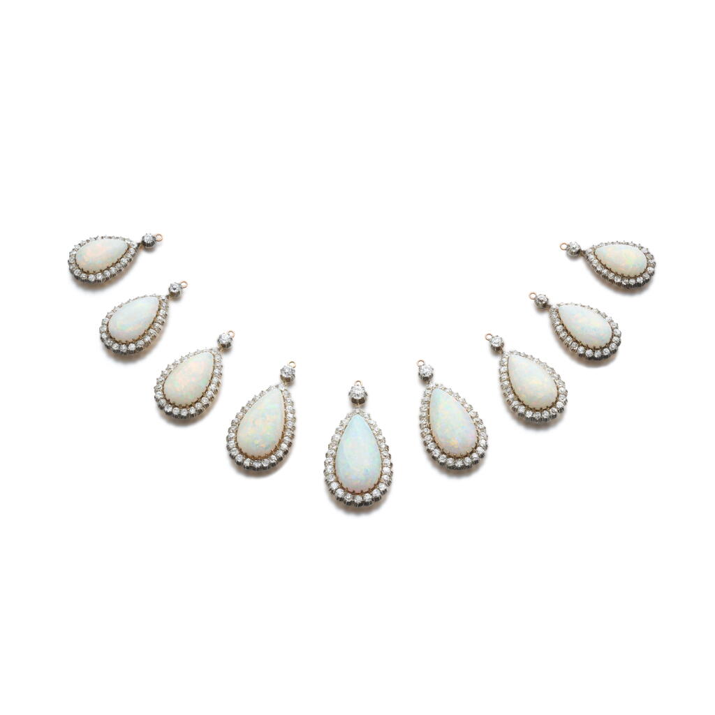 View full screen - View 1 of Lot 1024. Suite of opal and diamond pendants, circa 1900.