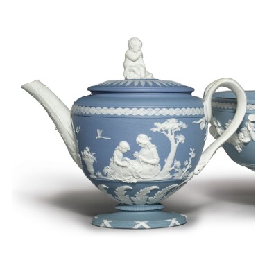 View full screen - View 1 of Lot 158. A WEDGWOOD BLUE AND WHITE JASPERWARE TEAPOT AND COVER CIRCA 1785 .