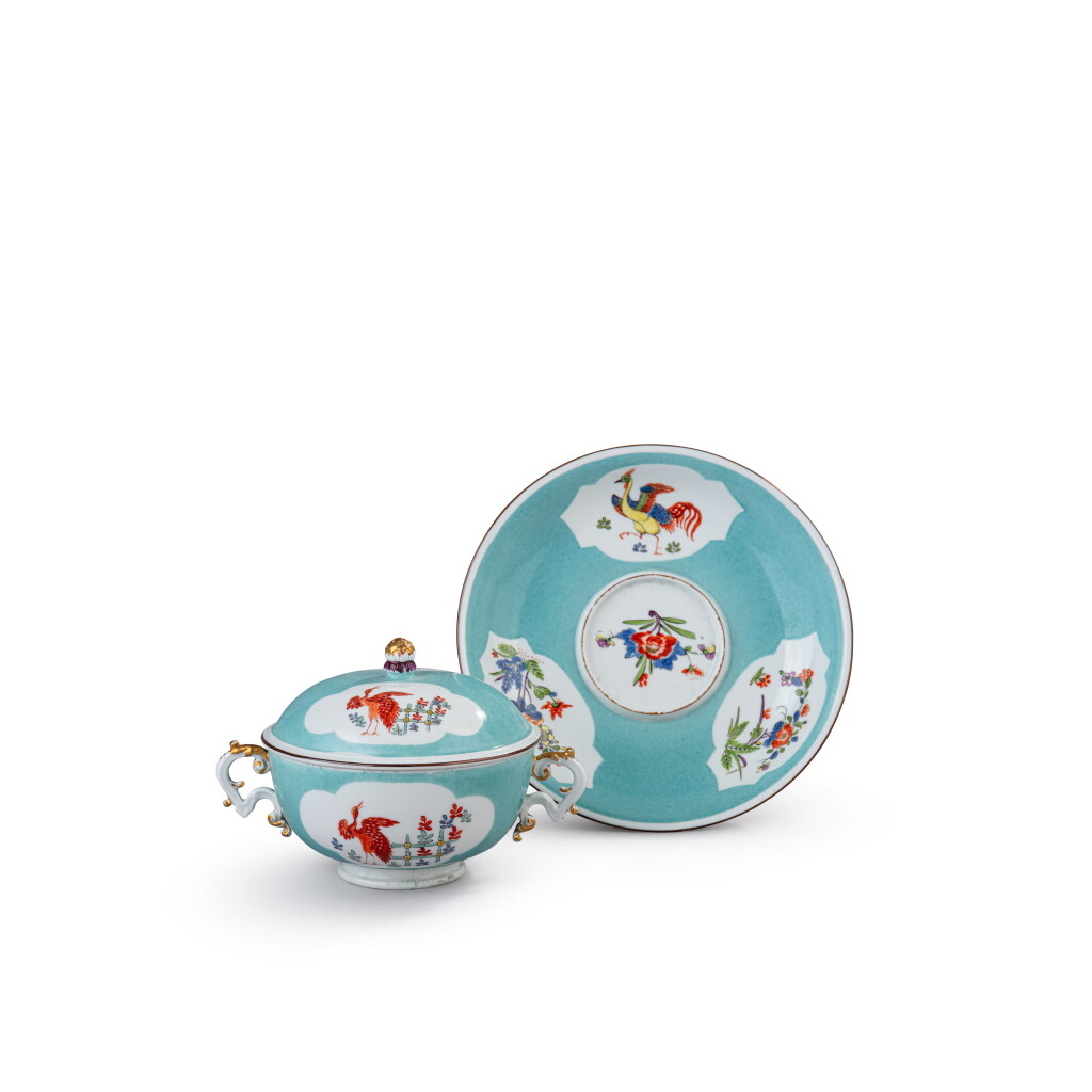View full screen - View 1 of Lot 352. A Meissen porcelain Kakiemon seladon-ground two-handled écuelle, cover and a stand, circa 1735.