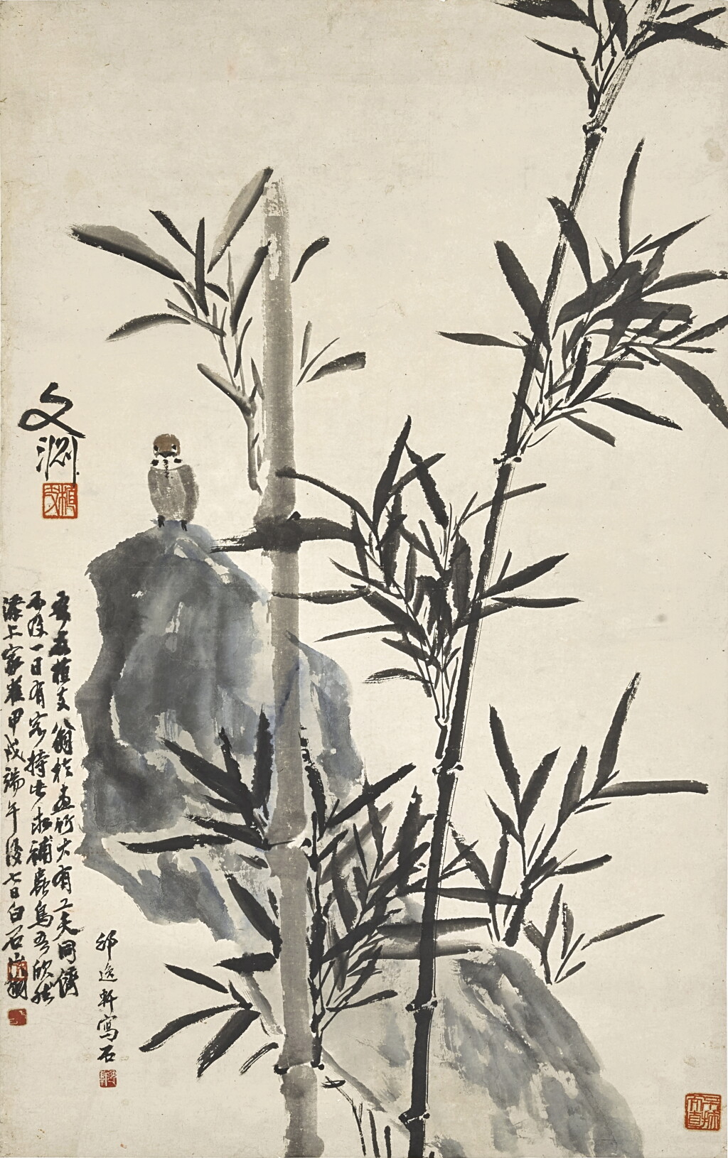 View full screen - View 1 of Lot 3178. 齊白石、凌文淵、邵逸軒 竹石小鳥 | Qi Baishi (1864-1957); Ling Wenyuan (1876-1944); Shao Yixuan (1886-1954), Sparrow, Bamboo and Rock.