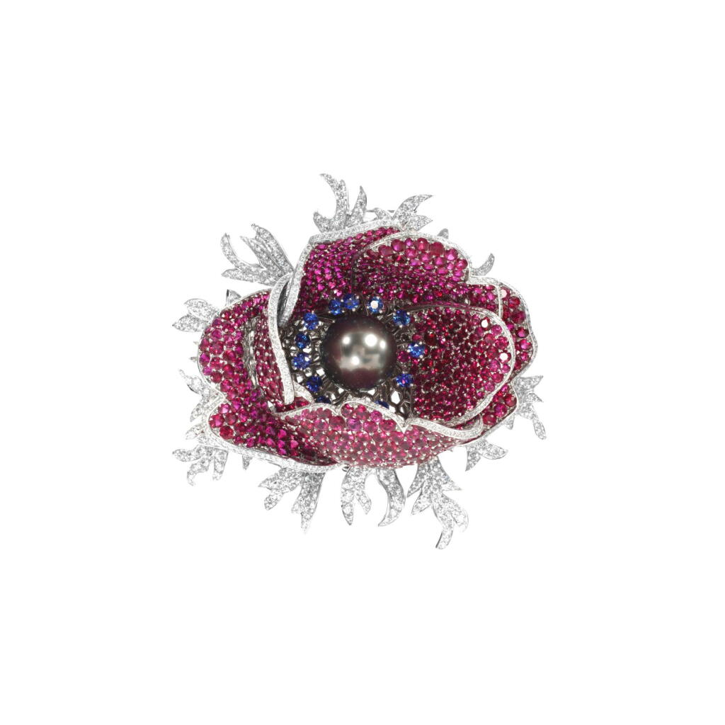 View full screen - View 1 of Lot 581. Impressive ruby, sapphire, cultured pearl and diamond brooch, 'Garance'.