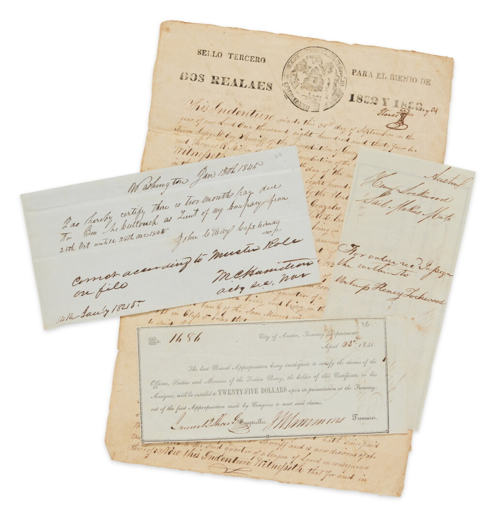 View full screen - View 1 of Lot 105. (Texas) — Texas Naval, Military, and other Financial Documents | Includes signatures of two of the "the Immortal 32" members of the Gonzales Ranging Company.