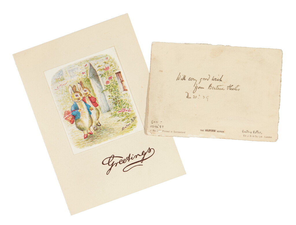 View full screen - View 1 of Lot 228. Potter, Two cards, comprising ICAA Greetings Card for 1936 and Small Christmas card, the latter signed.