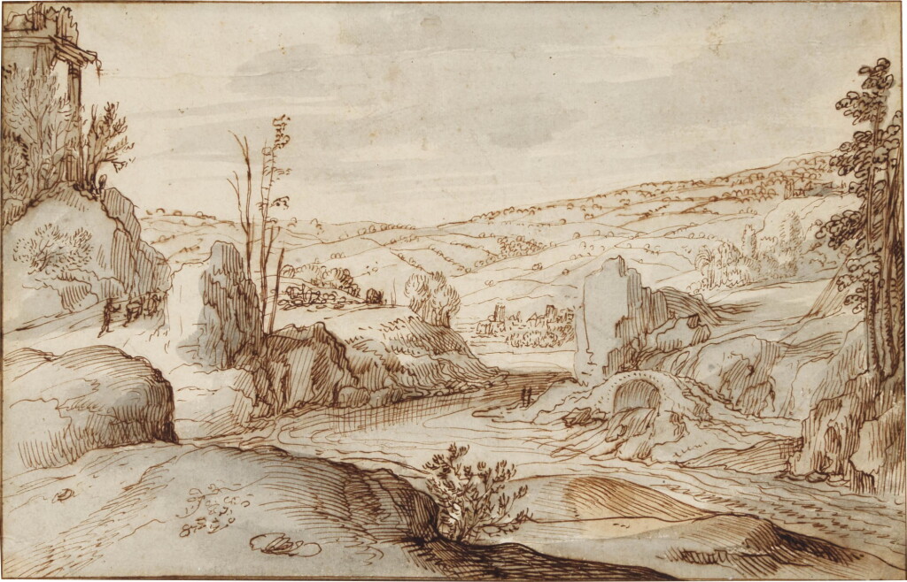 View full screen - View 1 of Lot 25. Rocky river landscape with a Herdsman on a road to the left.