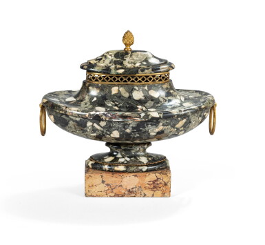 View full screen - View 1 of Lot 42. A gilt-bronze scagliola urn and cover, Italy, late 18th century | Vase navette et son couvercle en scagliole et bronze doré, travail italien de la fin du XVIIIème siècle.