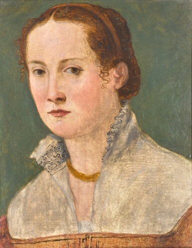 View full screen - View 1 of Lot 10. FLORENTINE SCHOOL, 16TH CENTURY | PORTRAIT OF A LADY, BUST-LENGTH, WEARING A RED DRESS WITH WHITE COLLAR.