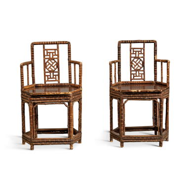 View full screen - View 1 of Lot 757. A pair of hexagonal bamboo and softwood armchairs (Nanguanmaoyi), Qing dynasty, 18th / 19th century | 清十八 / 十九世紀 竹拼軟木六角南官帽椅一對.