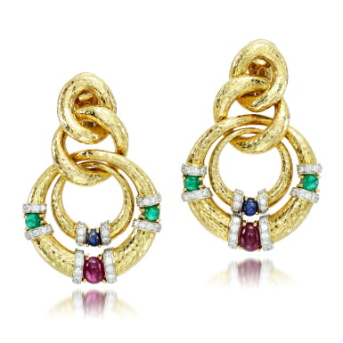 View full screen - View 1 of Lot 99. Pair of gem-set and diamond ear clips.