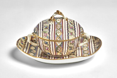View full screen - View 1 of Lot 560. A Sèvres Porcelain Écuelle, Cover and Stand (Écuelle ronde tournée et un plateau ovale), circa 1765.