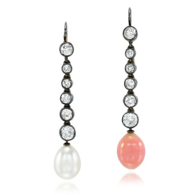 View full screen - View 1 of Lot 31. Pair of natural pearl, conch pearl and diamond earrings, early 20th century.