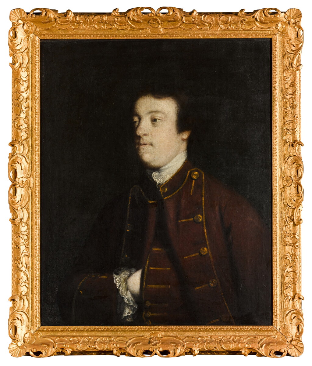 View full screen - View 1 of Lot 46. Portrait of Sir William Lowther, half-length, wearing a brown coat and white cravat.