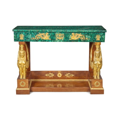 View full screen - View 1 of Lot 78. A Russian Neoclassical Style Gilt Bronze Mounted Malachite and Mahogany Console Table, Last Quarter 20th Century .