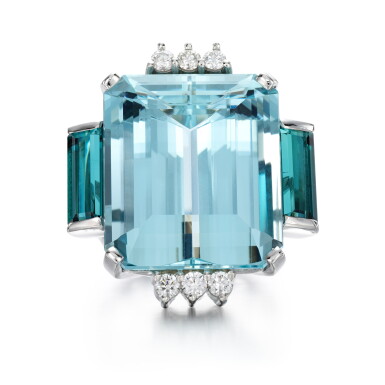 View full screen - View 1 of Lot 166. Aquamarine, tourmaline and diamond ring.