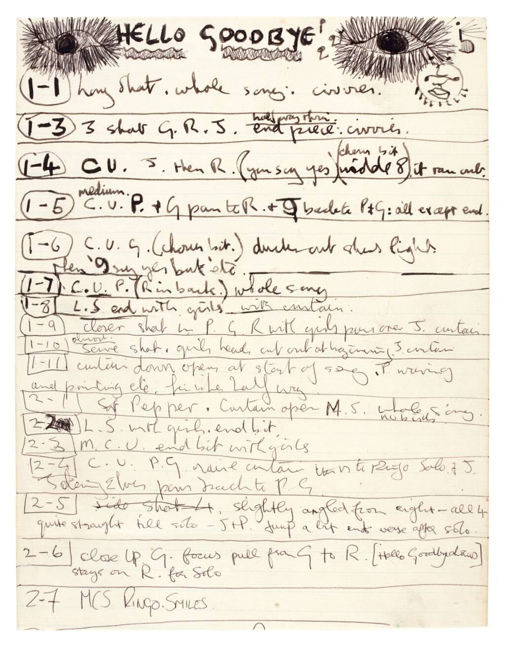 View full screen - View 1 of Lot 28. John Lennon and George Harrison | Joint autograph manuscript editing notes for the video of 'Hello, Goodbye', 1967.