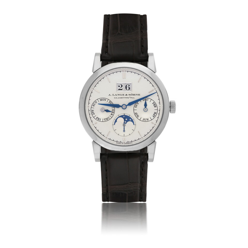 View full screen - View 1 of Lot 59. A. LANGE & SÖHNE | SAX-O-MAT A WHITE GOLD AUTOMATIC ANNUAL CALENDAR WRISTWATCH WITH MOON PHASES, CIRCA 2005.