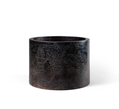 View full screen - View 1 of Lot 55. A massive carved zitan brush pot Qing dynasty, 18th-19th century | 清十八至十九世紀 紫檀刻山水樓閣紋筆筒.