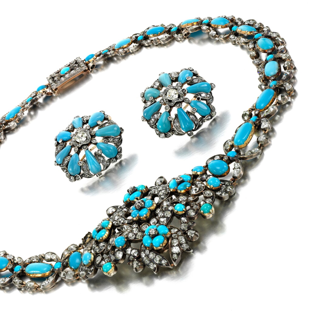 View full screen - View 1 of Lot 78. Turquoise and diamond demi-parure, 1840s and later.