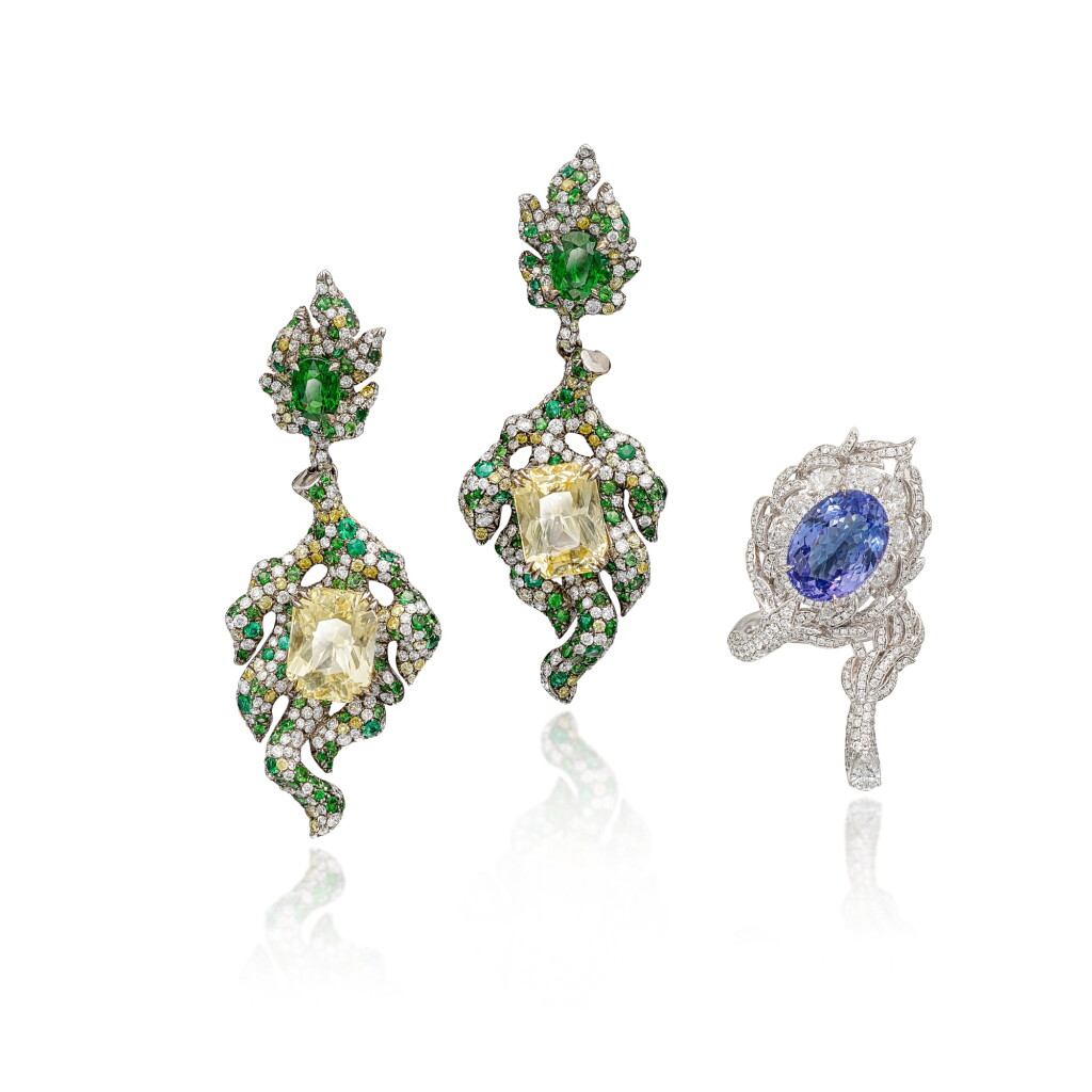 View full screen - View 1 of Lot 1333. PAIR OF COLOURED STONE AND DIAMOND PENDANT EARRINGS AND RING | 彩色寶石 配 鑽石 耳墜一對 及 戒指.