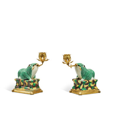 View full screen - View 1 of Lot 1243. A Pair of Gilt-Bronze Mounted Sancai-Glazed Biscuit Figures of Frogs, Now Mounted as Candleholders, Qing Dynasty, 18th/19th Century.