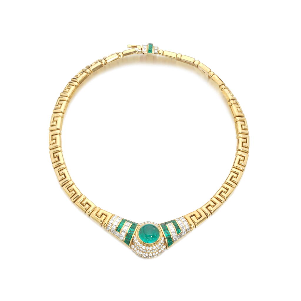 View full screen - View 1 of Lot 832. Gold, emerald and diamond necklace, 1980s.