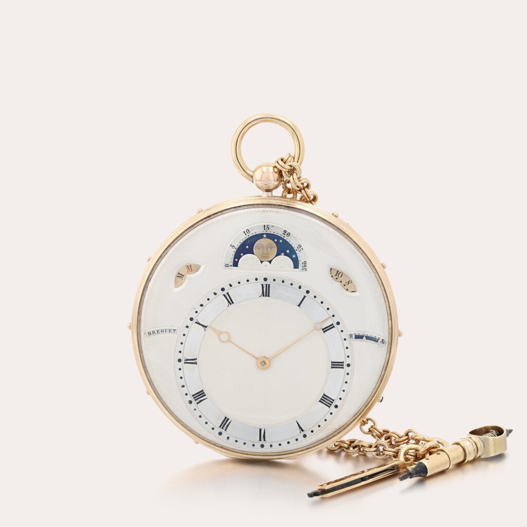 View full screen - View 1 of Lot 7. An extra slim and extremely fine and rare gold open-faced Montre à Tact lever watch with day, date and moon phases.