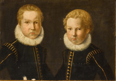 View full screen - View 1 of Lot 17. Portrait of two boys, half-length, wearing lace ruffs and black doublets trimmed with gold.