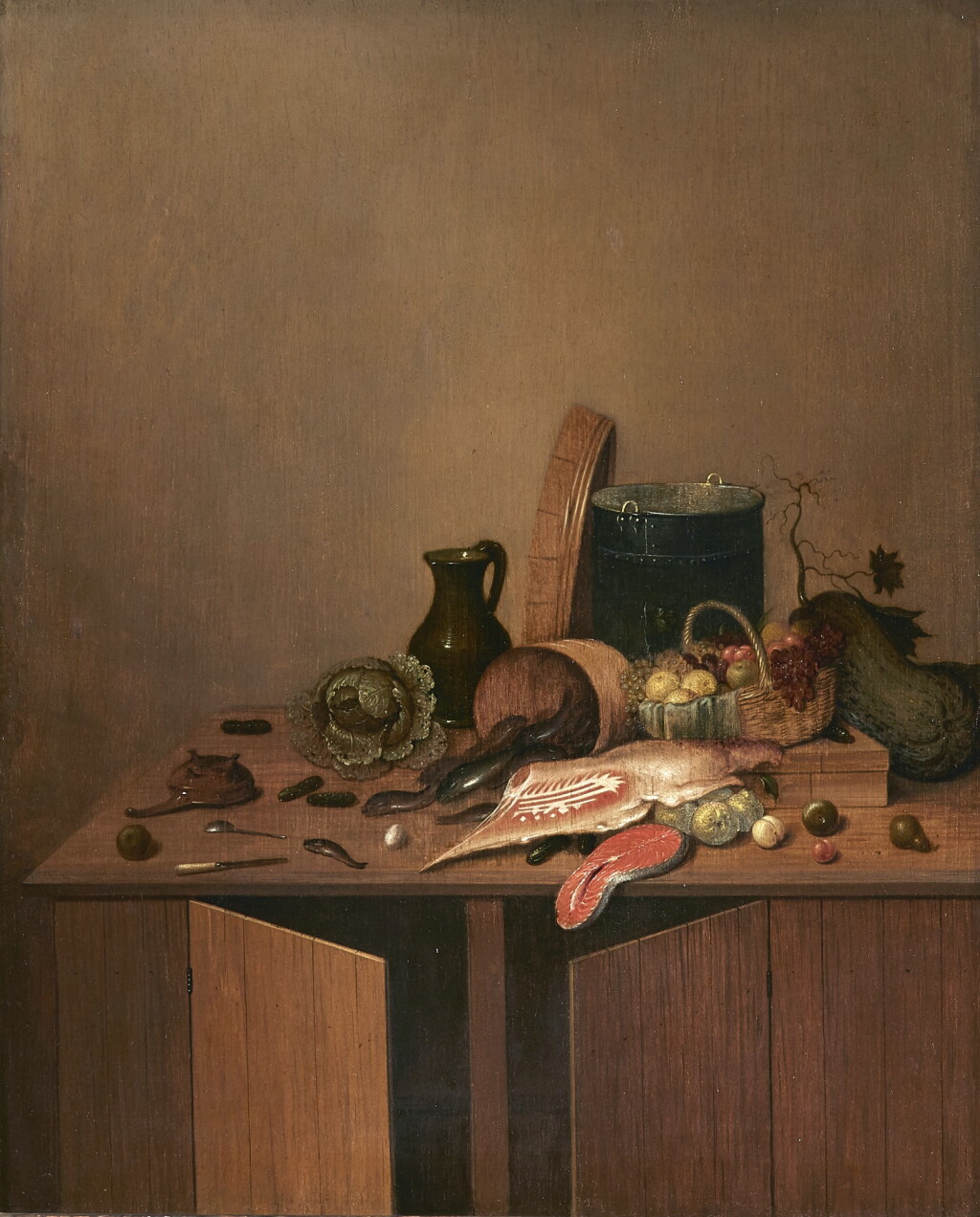 View full screen - View 1 of Lot 270. GERRIT VAN VUCHT| KITCHEN STILL LIFE WITH MEAT, FISH, VEGETABLES AND FRUIT ON A WOODEN TABLE.
