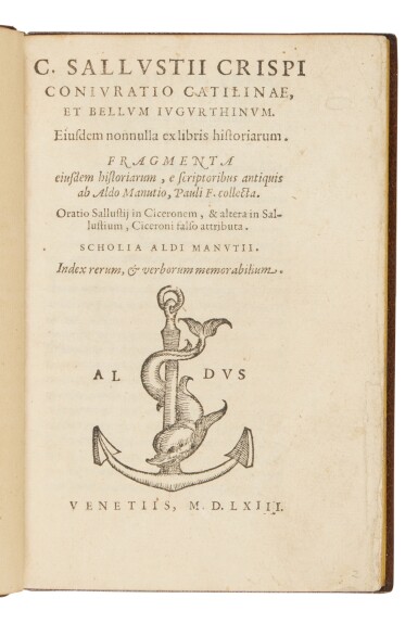 View full screen - View 1 of Lot 1392. Sallustius Crispus, Coniuratio Catilinae et Bellum Iugurthinum, Rome, Paolo Manuzio, 1563, twentieth-century brown morocco .