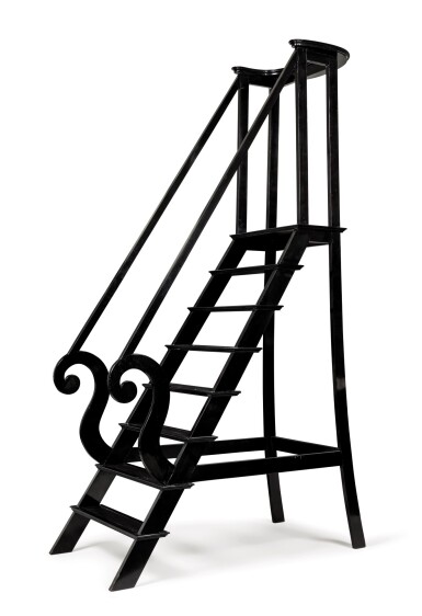 View full screen - View 1 of Lot 5. A black relacquered wood library step ladder, late 19th century - early 20th century | Escalier de bibliothèque en bois et placage de bois relaqués noir, fin XIXeme siècle - début du XXeme siècle.