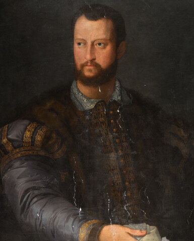 View full screen - View 1 of Lot 108. FOLLOWER OF AGNOLO DI COSIMO CALLED BRONZINO | Portrait of Cosimo de' Medici, half-length, in an embroidered doublet with fur wrap.