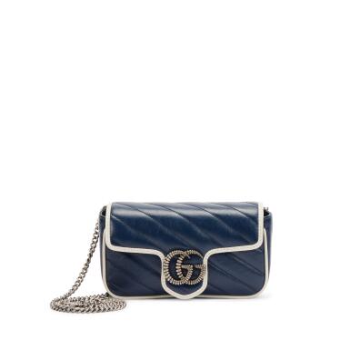 View full screen - View 1 of Lot 107. Navy Diagonal Matelasse Vintage Effect Calfskin Super Mini Torchon GG Marmont Silver Hardware.