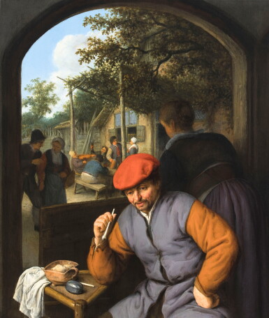 View full screen - View 1 of Lot 117. A seated man smoking a pipe, with a maid.